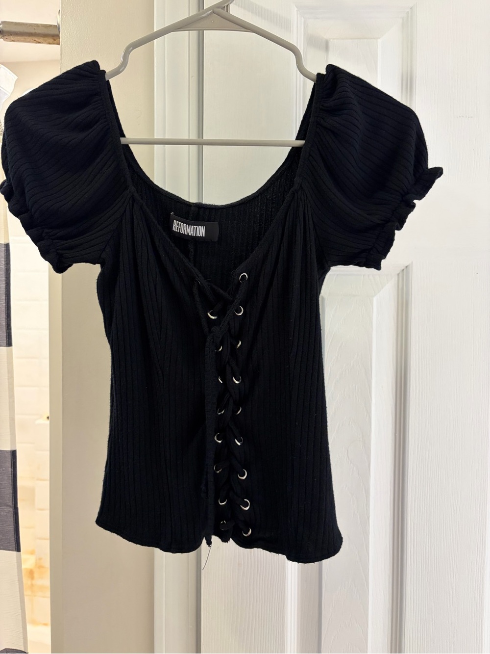 Reformation Sundance Black Ribbed Lace-Up Puff Sleeve Blouse Small‎